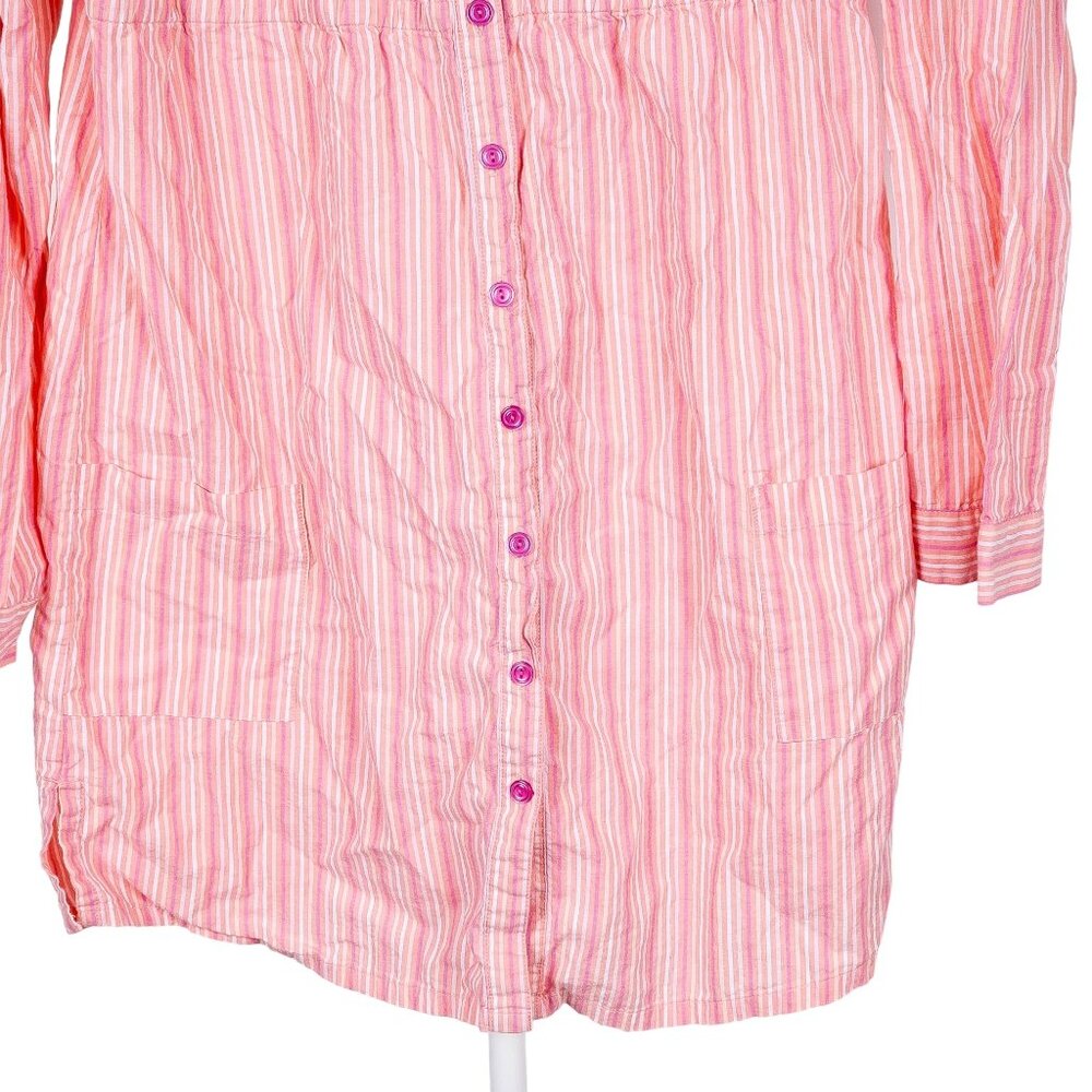Retro Striped Dress XL Women Pink Purple Buttons Elastic Waist Tab Sleeve Cotton - Picture 4 of 6